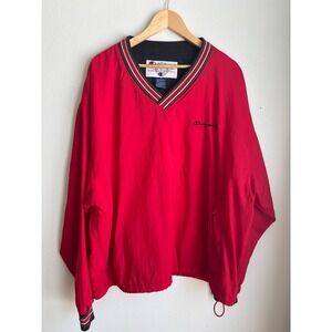 Champion‎ Vintage Mens XL Red Nylon V-Neck Windbreaker Pullover Striped Trim